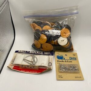 Mix Of Vintage Sewing Accessories. Buttons, Belt & Buckle Set, Hooks & Eyes.